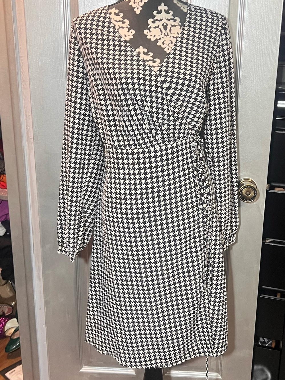 ModCloth Black & White Houndstooth Wrap Dress - Classic Women's Dress